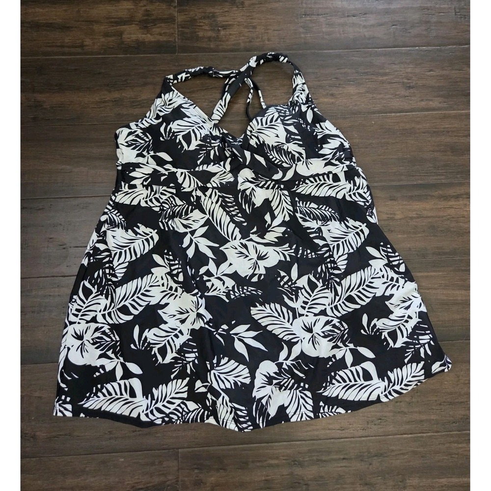 Jaclyn Smith Swim Dress Size 18 One Piece Swimsuit Black White Tropical Palm